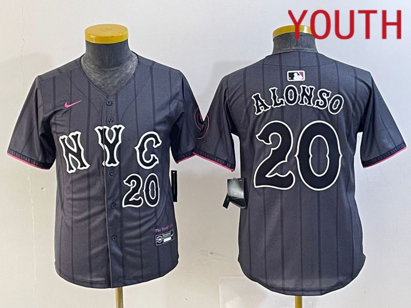 Youth New York Mets #20 Alonso Black City Edition 2024 Nike MLB Jersey style 5